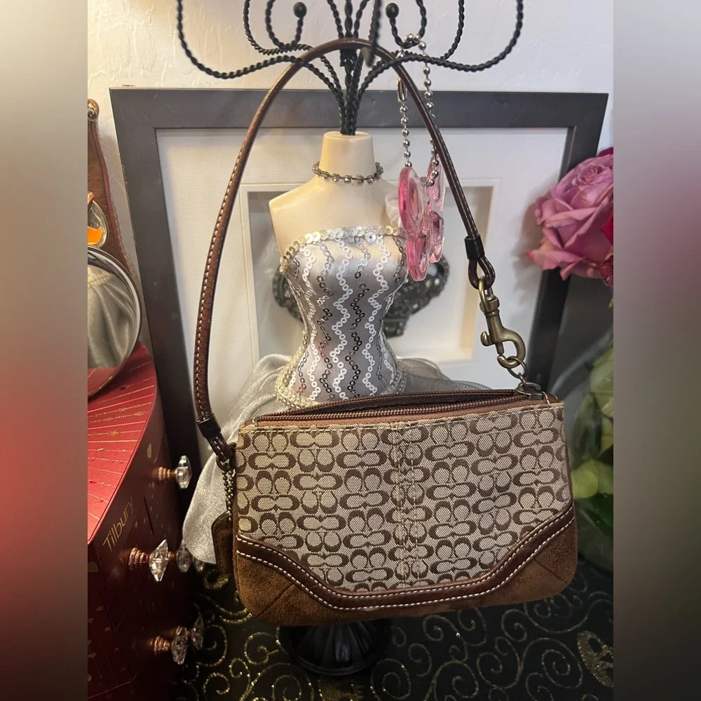 Coach Brown and Tan Suede and Canvas Signature Micro Cs Wristlet